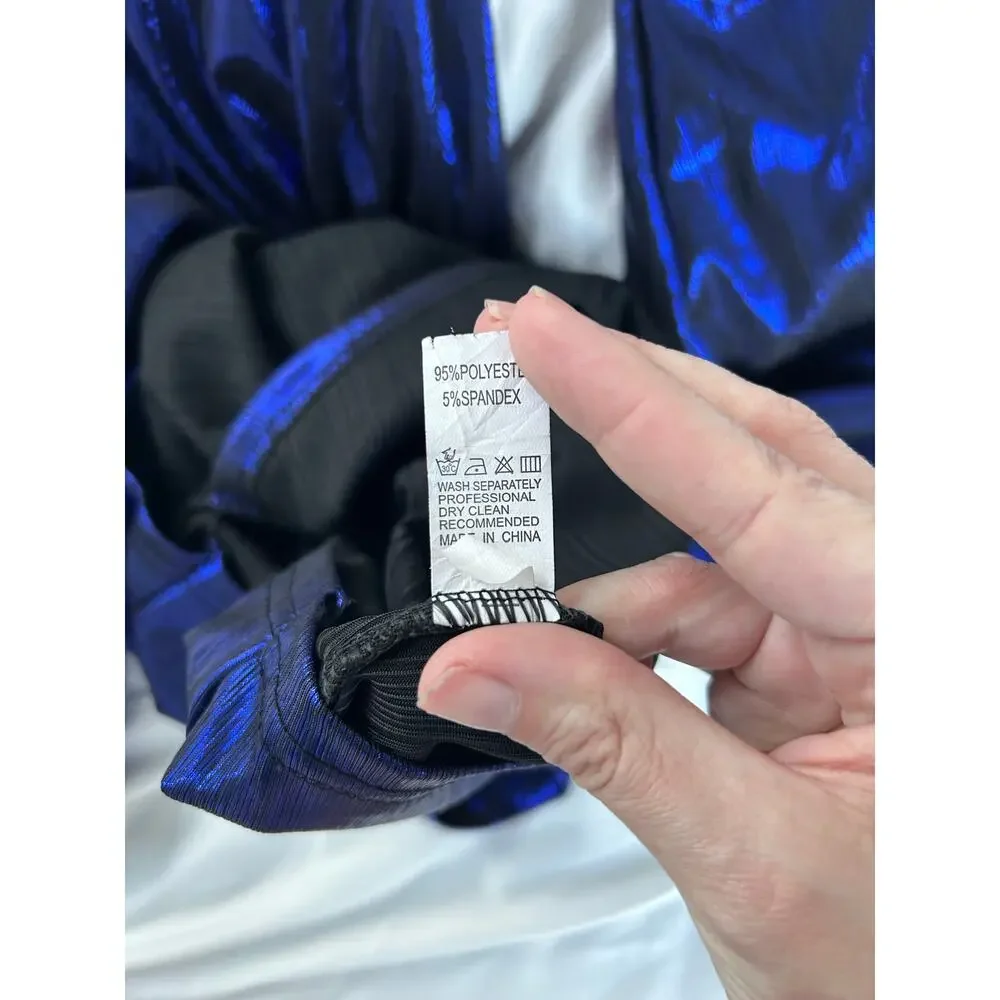 Electric Blue Plunge Neck Dress | Long-Sleeve Bodycon | Size Large - Picture 4 of 5